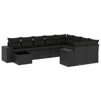 10-delige Loungeset met kussens poly rattan zwart - thumbnail