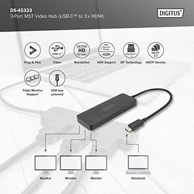 Digitus DS-45333 HDMI / USB-C Adapter [1x USB-C - 3x HDMI-bus] Zwart Zonder laadbus, 4K UHD