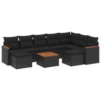10-delige Loungeset met kussens poly rattan zwart - thumbnail