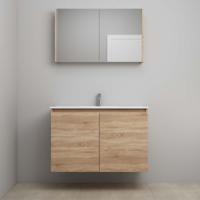 On-Line Badkamermeubelset - 100 cm - Bouwpakket - Greeploos 2 Deuren - Porseleinen Wastafel - 1 Kraangat - Spiegelkast - Eiken - thumbnail