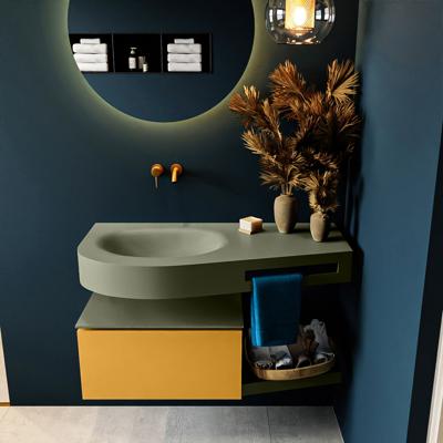 MONDIAZ RIVA 100cm badmeubel onderkast / planchet kleur Ocher met 1 lade. Wastafel DULCET links 0 kraangaten kleur Army.