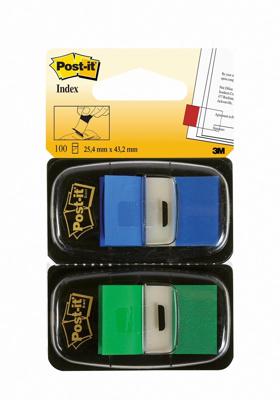 Post-it Index Standaard Duo Pack, 100 tabs, groen/blauw
