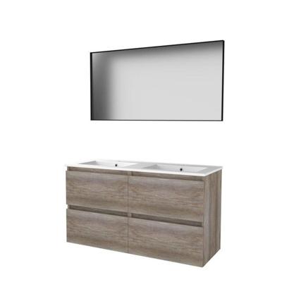 Basic-Line Framed 46 Badkamermeubelset - 120 x 46 cm - Greeploos - 4 Lades - Keramische Wastafel - 2 Kraangaten - Spiegel met Zwart Aluminium Frame - Scotch Oak