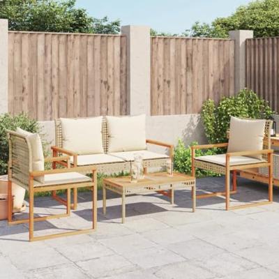 4-delige Loungeset met kussens poly rattan gemengd beige