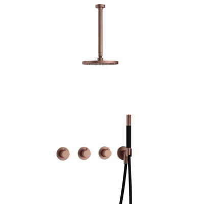 Hotbath Cobber - CB7067 - Inbouw Regendoucheset - Geborsteld Koper PVD - 2 Stopkranen - Thermostatisch - Plafondbuis 30 cm - Hoofddouche 200 mm - Staafhanddouche - Waterbesparend