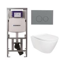 QeramiQ Salina Toiletset - rimless - Geberit inbouwreservoir - diepspoel wandcloset - softclose - quickrelease - bedieningsplaat licht grijs - ronde knoppen - wit 0701131/SW96855/SW96857/SW1102374 - thumbnail