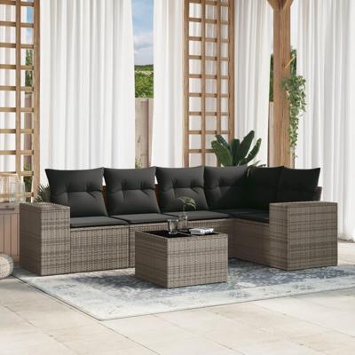 6-delige Loungeset met kussens poly rattan grijs