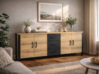 Dressoir OLIANNE 4 deuren 3 lades natuurlijke eik - thumbnail