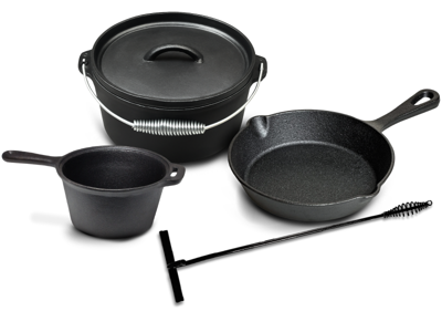 Blackwell Dutch Oven BBQ set Gietijzer - Braadpan + Lifter, Koekenpan ø 20 cm & Steelpan 18 cm - 4 Delig
