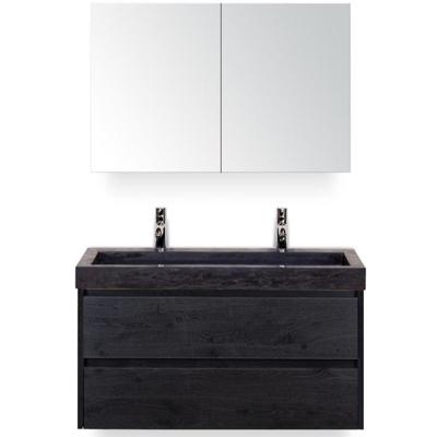 Dante Badmeubelset 100 cm - Black Oak - Wastafel Hardsteen Wit Lucca 2 Kraangaten met Spiegelkast