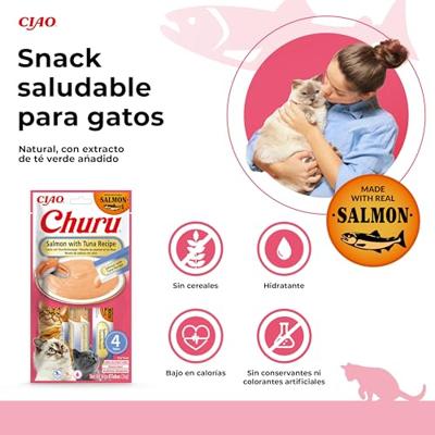 INABA Churu Puree Kattenlekkernijen, creamy snacks, hoogwaardige eiwitten met zalm en tonijn, 56 g (1 stuk), kattensnacks in premium kwaliteit