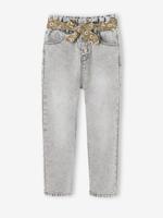 Paperbag jeans met bloemenriem voor meisjes denimgrijs - thumbnail