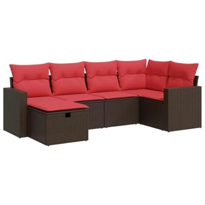 6-delige Loungeset met kussens poly rattan bruin