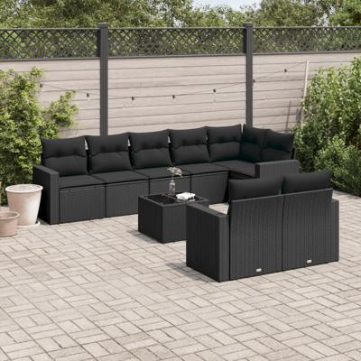 8-delige Loungeset met kussens poly rattan zwart