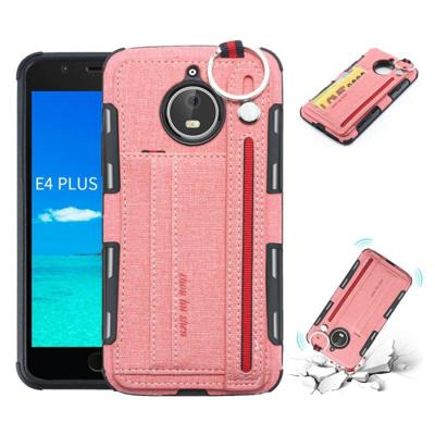 Voor Motorola Moto E4 plus doek textuur + TPU schokbestendige beschermhoes met metalen ring & houder & kaartsleuven & hangende riem (roze)