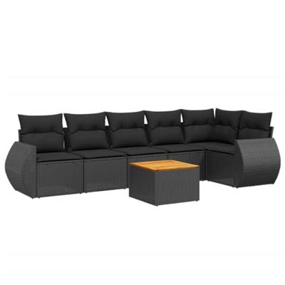 7-delige Loungeset met kussens poly rattan zwart