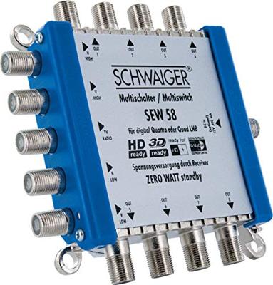 Schwaiger SEW58 531 Satelliet multiswitch Ingangen (satelliet): 5 (4 satelliet / 1 terrestrisch) Aantal gebruikers: 8 Standby-functie