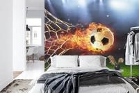 Fotobehang - Voetbal in vlammen, Doelpunt, Kinderkamer, te koop in 11 maten, incl behanglijm - thumbnail