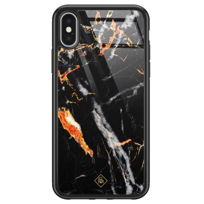 iPhone X/XS glazen hardcase - Marmer zwart oranje