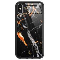 iPhone X/XS glazen hardcase - Marmer zwart oranje - thumbnail