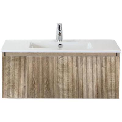 Frozen 3D Badmeubelset 100 cm - Greeplijst in Kleur - Grain Oak - Keramische Wastafel Wit 1 Kraangat