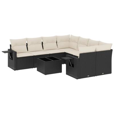 9-delige Loungeset met kussens poly rattan zwart