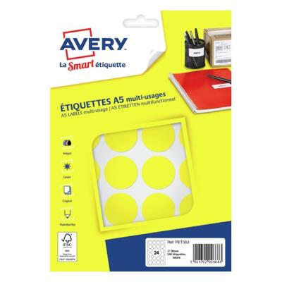 Avery PET30J ronde markeringsetiketten, diameter 30 mm, blister van 240 stuks, geel Avery PET30J ronde markeringsetiketten, diameter 30 mm, blister van 240 stuks, geel