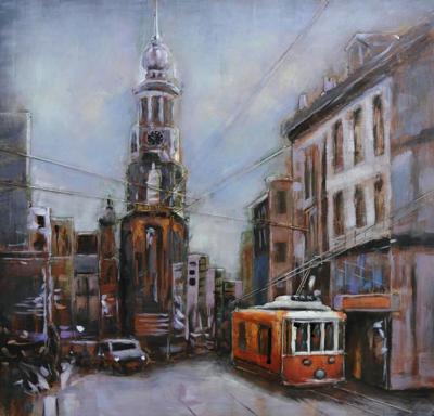 Schilderij - metaalschilderij -Stads gezicht, Amsterdam, tram 100x100cm