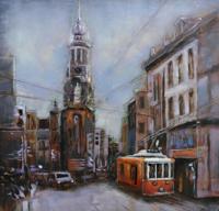 Schilderij - metaalschilderij -Stads gezicht, Amsterdam, tram 100x100cm - thumbnail