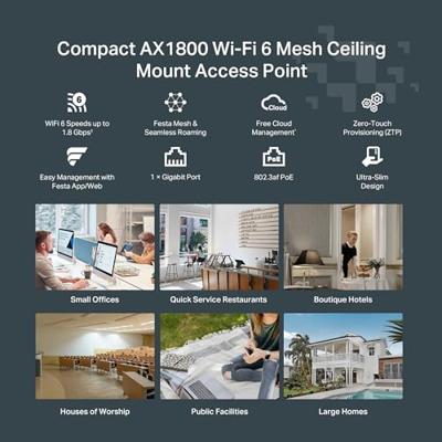 TP-Link Festa F61 Access Point AX1800 WiFi 6, gratis cloudbeheer, 802.3af/at PoE of 48V passief PoE of 12V/1A DC, Festa Mesh, OFDMA, MU-MIMO, tot 250 clients, gastnetwerk, VPN, VLAN