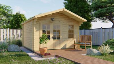 Blokhut Ulrik 380x380 cm + luifel 70 cm - Bruin geïmpregneerd- Zadeldak- Geïmpregneerd vurenhout- Tuindeco