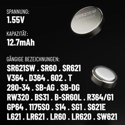 ABSINA SR621SW Horlogebatterij, 1,55 V, zilveroxide, verpakking van 10 stuks, knoopcel SR621SW, lekvrij en lange levensduur, batterij SR621SW / LR621 / SR621 / SR621 / 364 / V364 / R60 / AG1 - SR 621