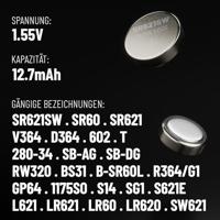 ABSINA SR621SW Horlogebatterij, 1,55 V, zilveroxide, verpakking van 10 stuks, knoopcel SR621SW, lekvrij en lange levensduur, batterij SR621SW / LR621 / SR621 / SR621 / 364 / V364 / R60 / AG1 - SR 621 - thumbnail