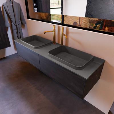 Badkamermeubelset Mondiaz Erin 150 cm met 2 Lades met RIDGE Wastafel Dubbel Dark grey met 2 kraangaten Greeploos Mat Dark Brown