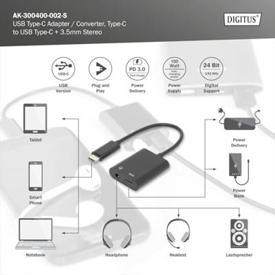 Digitus Audio Adapterkabel [1x USB-C stekker - 2x USB-C bus, Jackplug female 3,5 mm] AK-300400-002-S 20.00 cm Afgeschermd, Afgeschermd (dubbel)