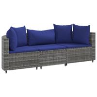 3-delige Loungeset met kussens poly rattan grijs - thumbnail