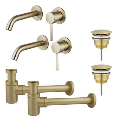 Fortifura Calvi Slim Wastafelkraanset - voor dubbele wastafel - inbouw wastafelkraan - always open plug - verlaagde design sifon - Geborsteld Messing PVD (Goud) 2x SW720228/2x SW696208/2x SW696218 Fortifura Calvi Slim Wastafelkraanset - voor dubbele wastafel - inbouw wastafelkraan - always open plug - verlaagde design sifon - Geborsteld Messing PVD (Goud) 2x SW720228/2x SW696208/2x SW696218