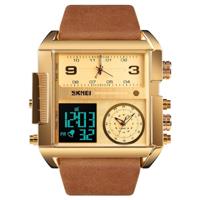 SKMEI 1391 multifunctionele mannen Business digitaal horloge 30m waterdicht Square Dial polshorloge met lederen Watchband(Gold) - thumbnail