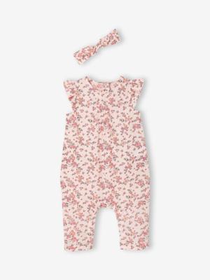 Bedrukt setje pakje + hoofdband baby meisje roze (poederkleur)