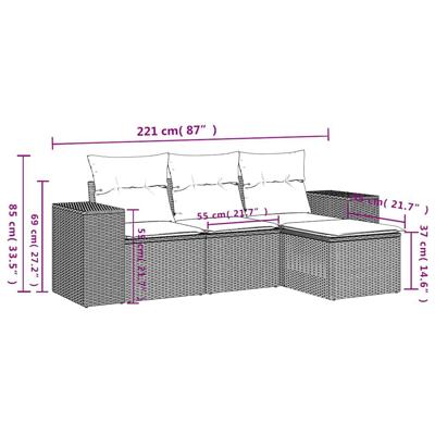 4-delige Loungeset met kussens poly rattan lichtgrijs - thumbnail