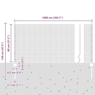 VidaXL Hek met paal grijs 0,8 x 10 m staal en pvc