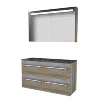 Basic-Line Premium 46 Badkamermeubelset - 120 x 46 cm - Met Grepen - 4 Lades - Hardstenen Wastafel - 2 Kraangaten - Spiegelkast met LED Verlichting - Scotch Oak - thumbnail
