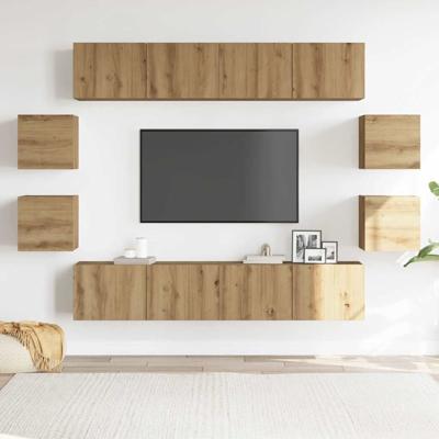 8-delig Tv-meubelset wandmontage bewerkt hout artisanaal eiken