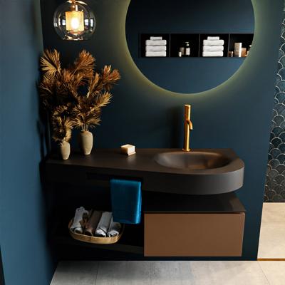 MONDIAZ RIVA 120cm badmeubel onderkast / planchet kleur Rust met 1 lade. Wastafel DULCET rechts 1 kraangat kleur Urban.