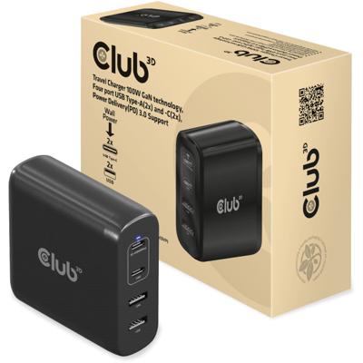 club3D CAC-1912 Laptop netvoeding 100 W 2x USB-A, 2x USB-C USB PD Zwart Binnen GaN, USB Power Delivery (USB-PD)