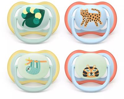 Verpakking van 4 Ultra Air Soothers - PHILIPS AVENT - SCF087/22 - Dag en Nacht - BPA-vrij - Geel/Oranje