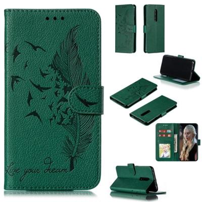 Feather patroon Litchi textuur horizontale Flip lederen draagtas met portemonnee & houder & kaartsleuven voor OnePlus 7 Pro (groen)