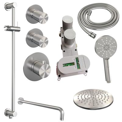 Regendoucheset Inbouw Brauer Brushed Carving Thermostatisch 20 cm met Gebogen Wandarm, Glijstang en Handdouche 3-Standen Losse Stopkranen Geborsteld Regendoucheset Inbouw Brauer Brushed Carving Thermostatisch 20 cm met Gebogen Wandarm, Glijstang en Handdouche 3-Standen Losse Stopkranen Geborsteld