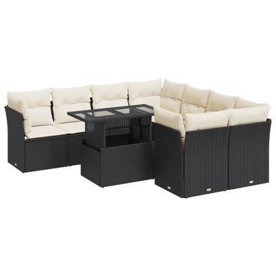 9-delige Loungeset met kussens poly rattan zwart