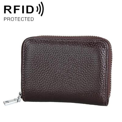 KB205 Antimagnetic RFID Litchi Texture Leather Zipper Large-capacity Card Holder Wallet (Coffee)